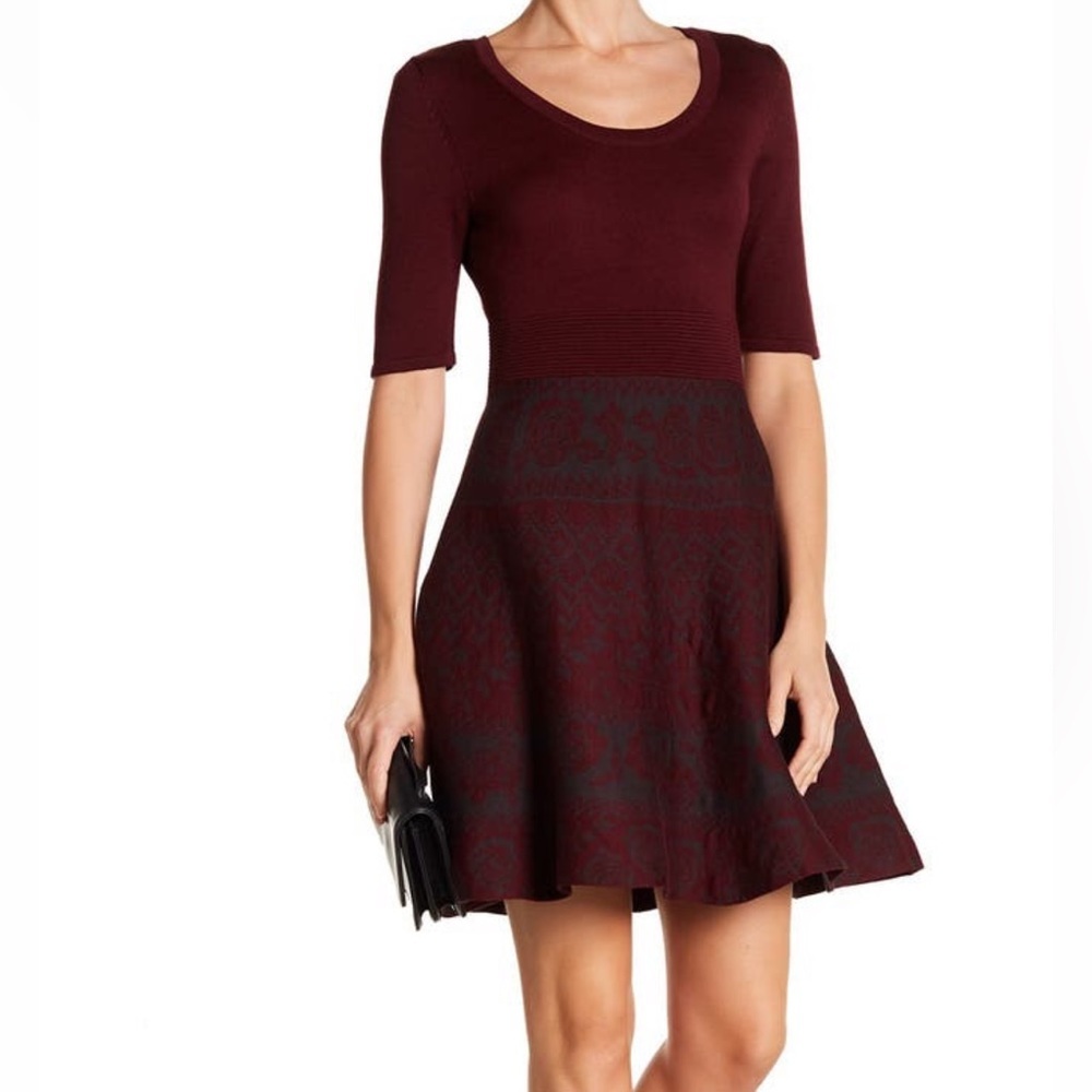Nina Leonard fit and flare wine dress